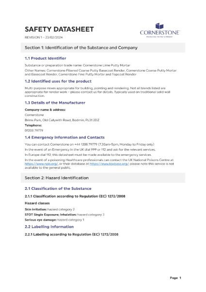 Cornerstone Lime Putty Mortar - Safety Datasheet