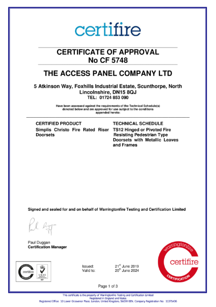 Christo Riser Door Certifire Approval