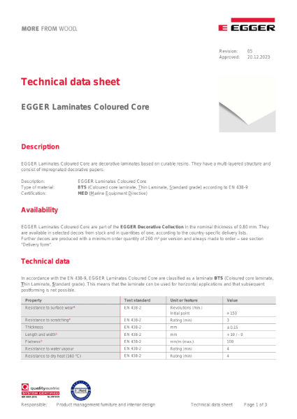 Technical Datasheet - Laminate Coloured Core