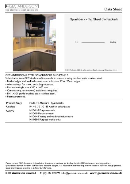 GEC Anderson Data Sheet - Splashback: Flat Sheet