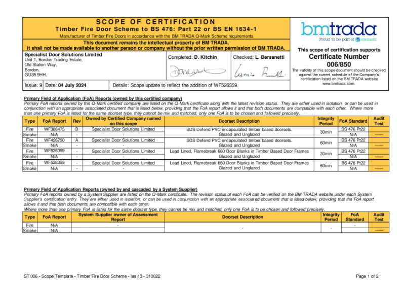 BM Trada Scope of Certification