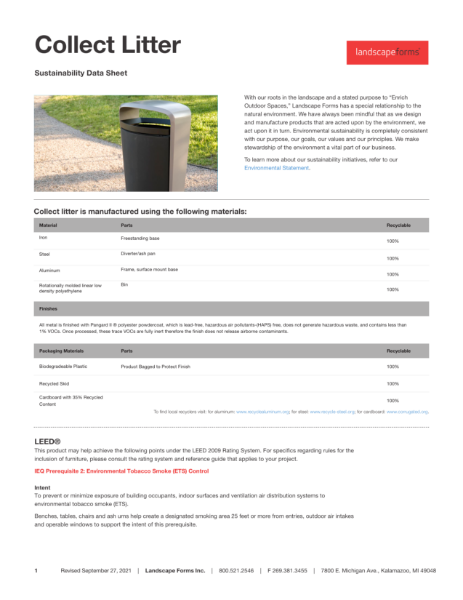 Collect Litter Bin - Sustainability Data Sheet