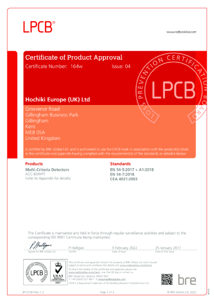 Certificate of Product Approval - EN 54 parts 5, 7 and CEA 4021 - ACC-E - Bases YBN-R/3, YBO-BS and YBO-BSB2