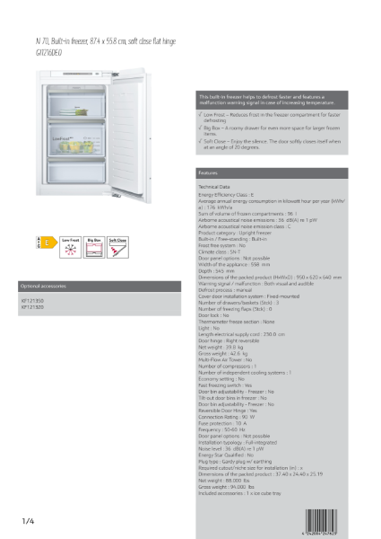 N 70, Built-in freezer, 87.4 x 55.8 cm, soft close flat hinge
GI1216DE0