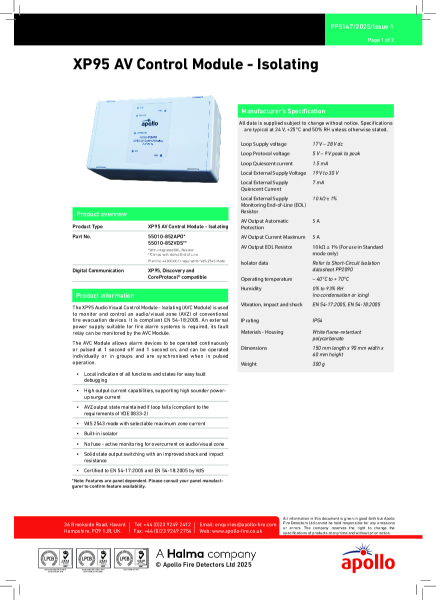 XP95 AV Control Module - Isolating - Product Data Sheet