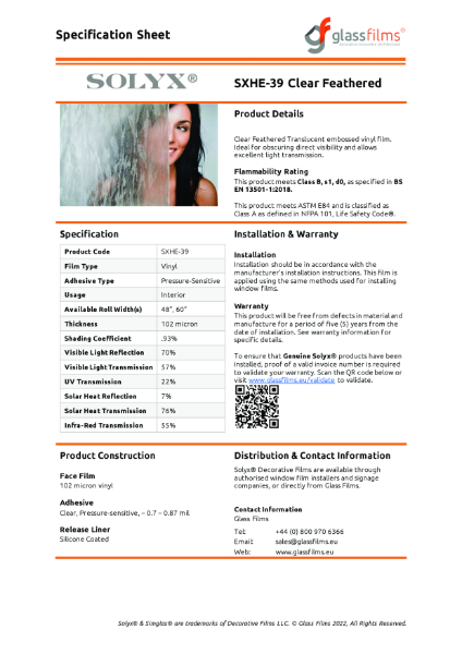 SXHE-39 Clear Feathered Specification Sheet