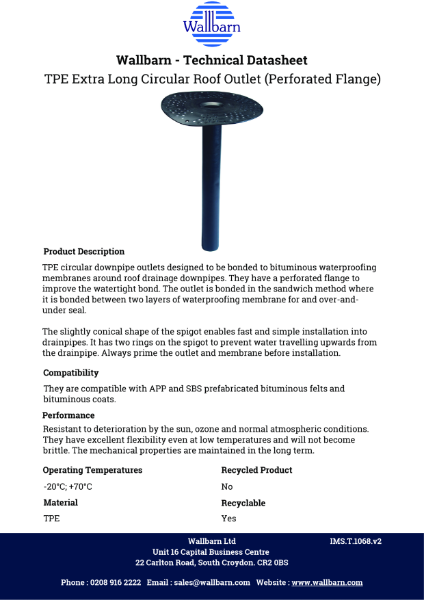 Datasheet - TPE Circular Roof Outlet Round Shank 600mm (L) (Perforated Flange)