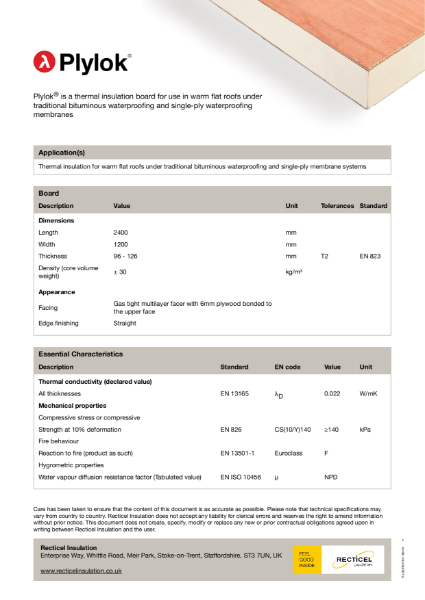 Plylok flat roof insulation technical datasheet