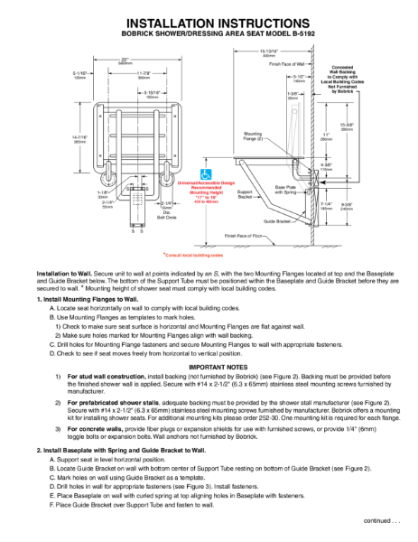 Installation Instructions - Bobrick Shower/Dressing Area Seat Model B-5192