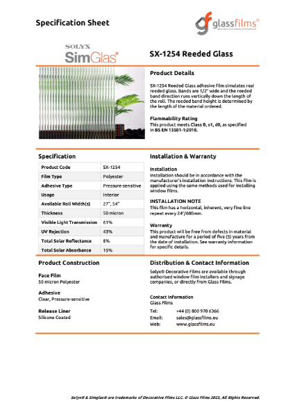 SX-1254 Reeded Glass Specification Sheet