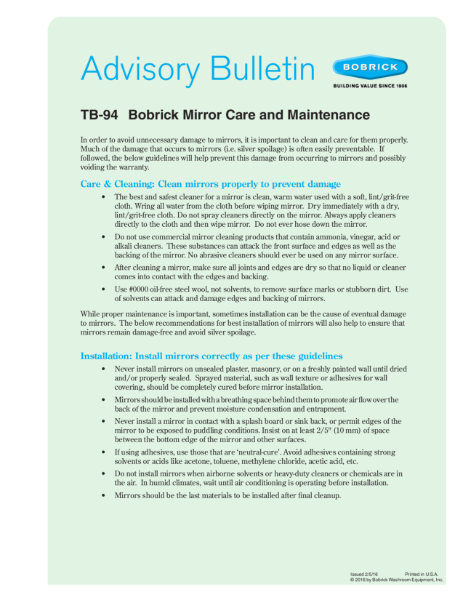 Advisory Bulletin TB-94 Bobrick Mirror Care and Maintenance