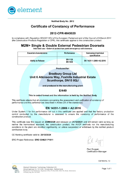 M2M+ CE Certifire Certificate of Constancy of Perfomance 