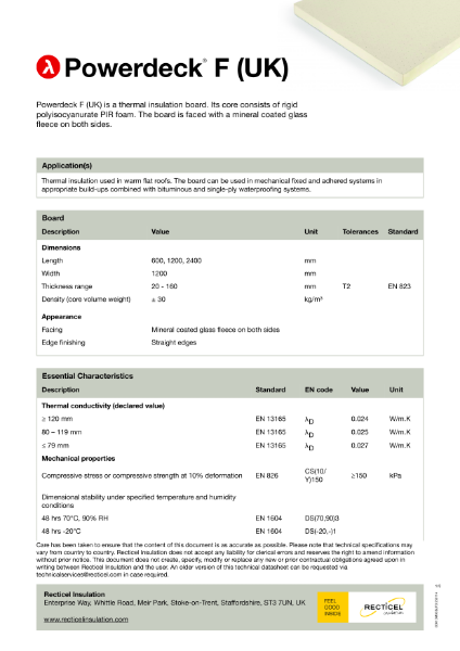 Powerdeck F flat roof insulation technical datasheet