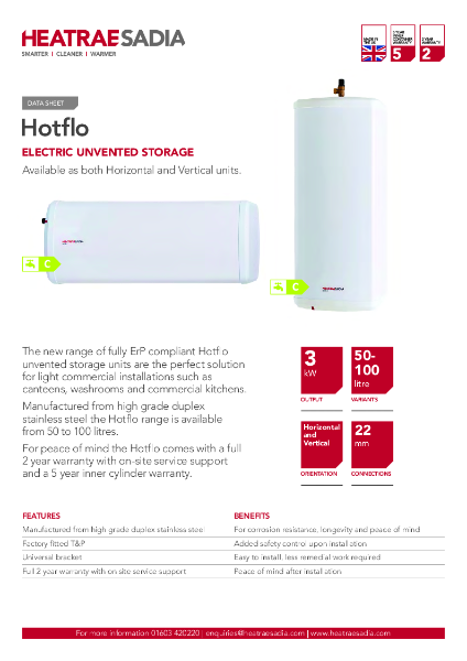 Hotflo 50 to 100 Litre - Technical Data Sheet