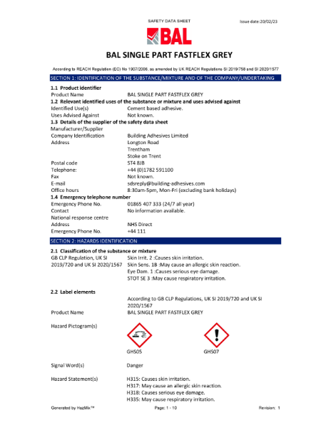 BAL Single Part Fastflex Grey - Material Safety Datasheet