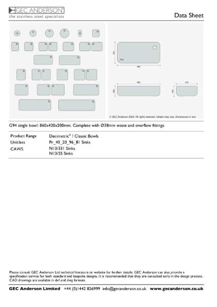 GEC Anderson Data Sheet - G94 (200) Single Bowl