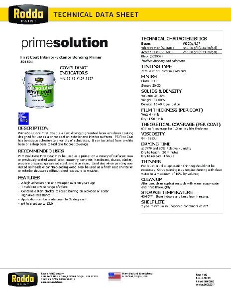Rodda TDS Prime Solution First Coat Primer 501601 GL0 ALL