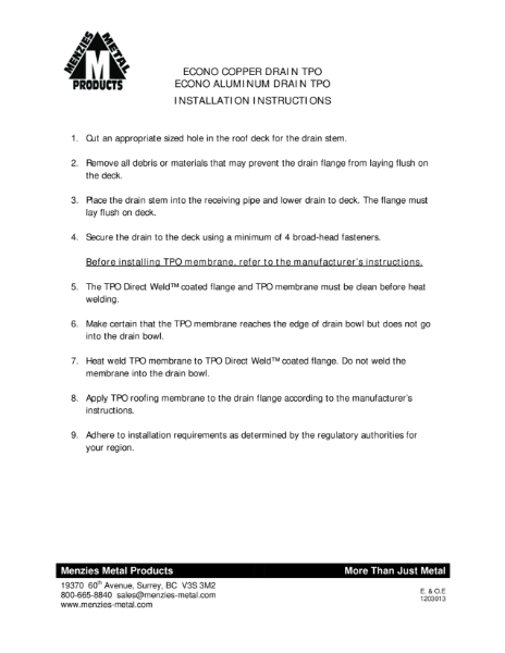 INSTALLATION INSTRUCTIONS - ECONO DRAIN - TPO