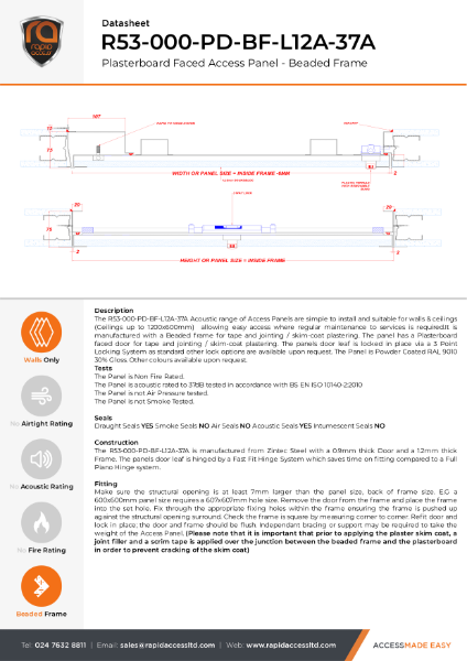 Datasheet - Plasterboard Riser Door Non Fire Rated, Acoustic