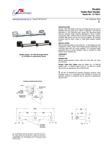 Double Toilet Roll Holder Specification Sheet