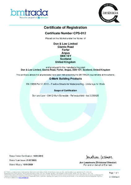 TRADA Q Mark Certificate CPS-012 Iss 3  - Reflectashield