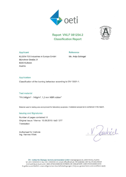 OETI Classification of burning behaviour