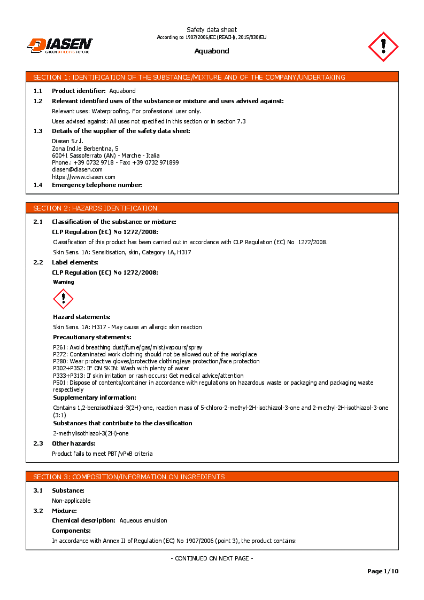 Diasen Aquabond Primer Material Safety Datasheet