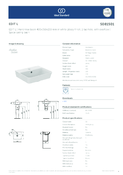 Datasheet - S081501 EDIT L | Handrinse basin