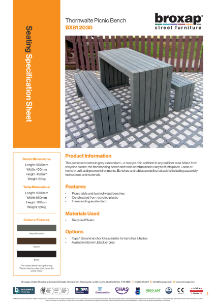 Thornwaite Picnic Bench Specification Sheet