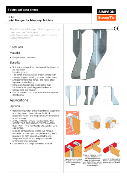 JHMI: Joist Hanger for Masonry: I-Joists Technical Data Sheet