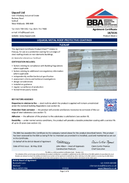 MetalSeal SF and MetalSeal 20, Liquasil Metal Roof Protective Coatings, Product Sheet 1 - Certificate: 18/5536