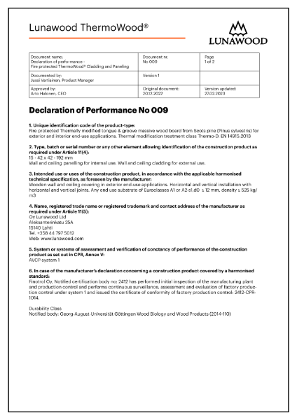 Lunawood - Burnblock fire protected Declaration of Performance