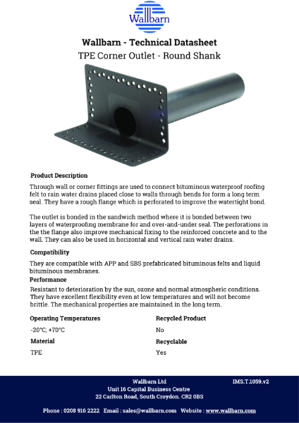 Datasheet - TPE Corner (Through Wall) Outlet Round Shank Perforated Flange