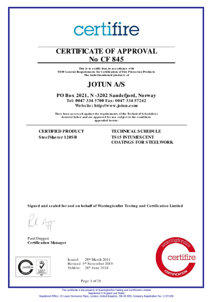 Steelmaster 120SB Certifire Certificate of approval