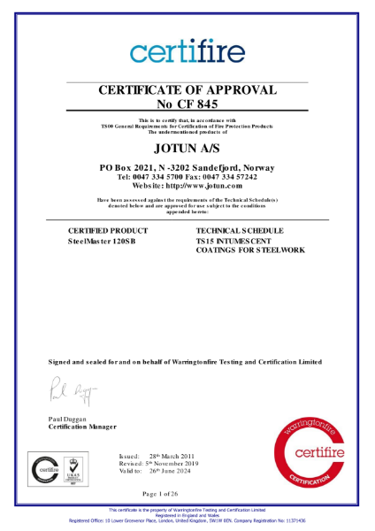 SteelMaster 120SB Certifire Certificate of approval