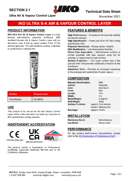 Technical Data Sheet (TDS) - IKO ULTRA Self-Adhesive Vapour Control Layer (VCL)