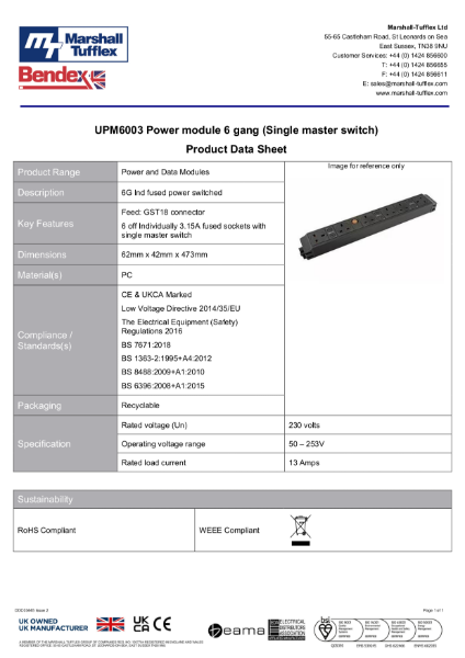 UPM6003 Power module 6 gang (Single master switch) 
Product Data Sheet