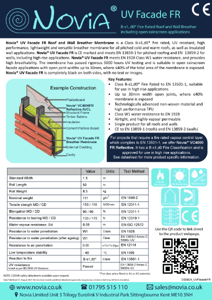 Novia UV Facade FR B-s1,d0 Fire rated Breather Membrane Datasheet