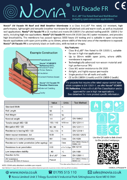 Novia UV Facade FR B-s1,d0 Fire rated Breather Membrane