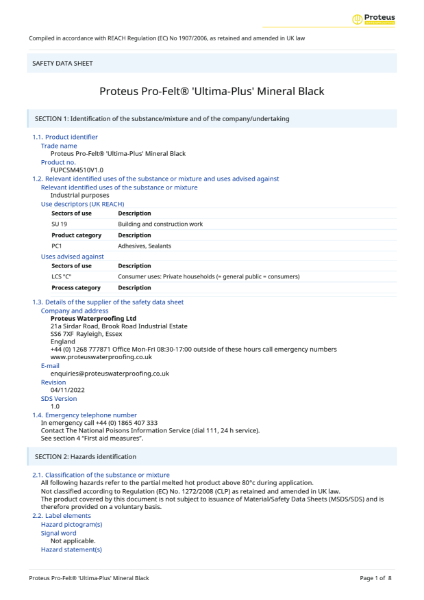 Safety Data Sheet - Proteus Pro-Felt® Ultima Plus Mineral Capsheet