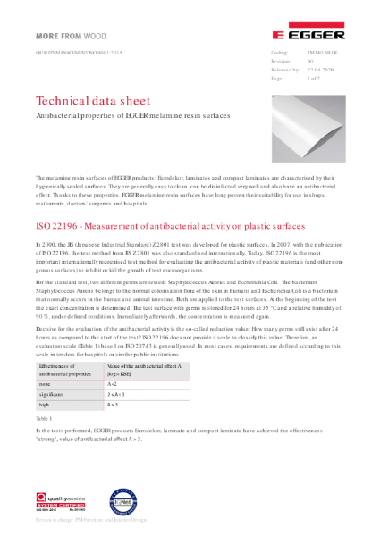 EGGER Melamine Surfaces Antibacterial properties