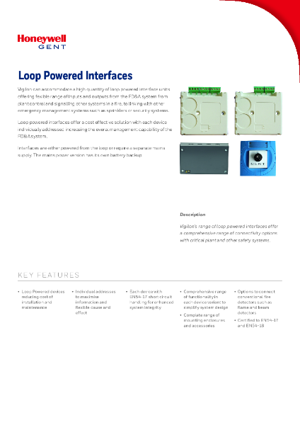 Honeywell Gent, Loop Powered Addressable Fire Alarm Interface Range