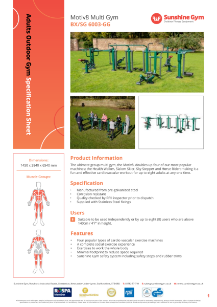 Adults Motiv8 Multi Gym (Outdoor Gym) Specification Sheet