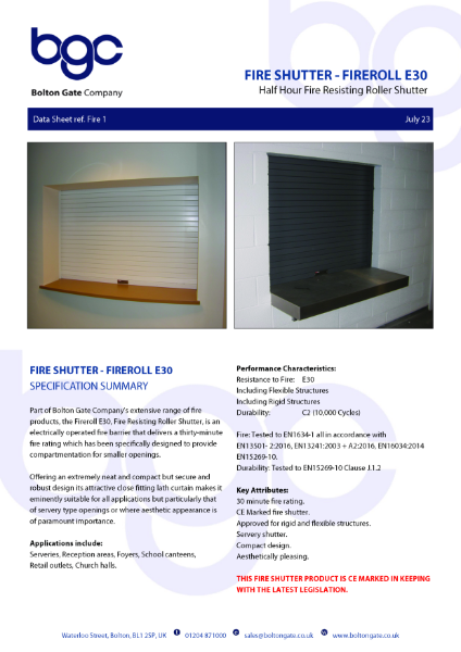 Fire Shutter - Fireroll E30 - Half Hour Fire Resisting Roller Shutter