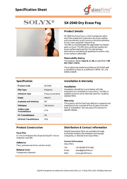 SX-2040 Dry Erase Fog Specification Sheet