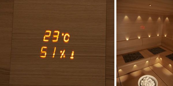 Aspectu on LED-valoin toteutettu saunan lämpö- ja kosteusmittari