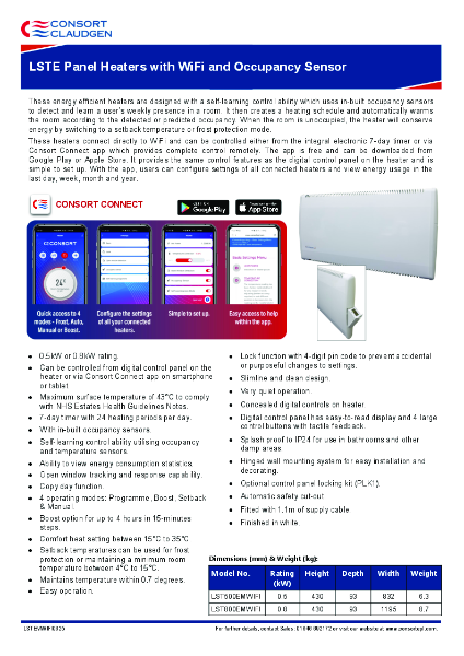 LSTE Panel Heater with Wi-Fi and Occupancy Sensor data sheet