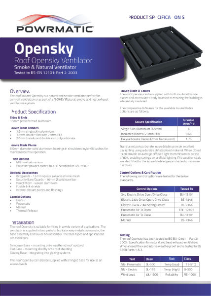 Opensky Roof Ventilator Product Specification Sheet