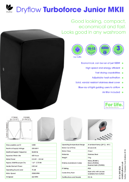 Hand Dryer Spec Sheet - Dryflow® Turboforce® Junior MKII Hand Dryer