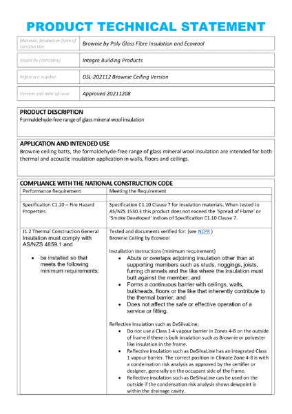 Brownie Ceiling Product Technical Statement